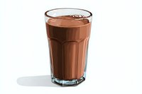 Glass of chocolate milk or protein shake with creamy texture and rich brown color on white background, casting soft shadow.