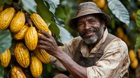 Senior African American farmer harvesting ripe yellow cacao pods from tree, wearing brown hat and work clothes, showing authentic farming lifestyle with genuine smile.
