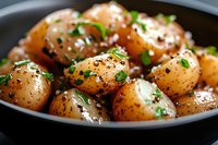 Baby potatoes roasted with herbs, black pepper and sea salt garnished with fresh chopped parsley in dark bowl, close up view of homemade side dish.