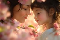Young mother and daughter sharing tender moment among pink cherry blossoms in warm golden sunlight, expressing love and family bonding outdoors.