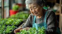 Senior Asian woman gardener tending to green seedlings in greenhouse, wearing apron while nurturing young plants for organic farming and sustainable agriculture.
