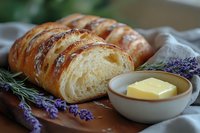 Fresh baked crusty bread sliced on wooden board with butter and lavender sprigs, showing soft inner texture and golden crust in natural lighting.