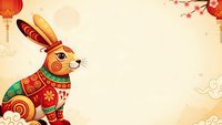 Decorative rabbit with ornate patterns sits on cream background with red lanterns and cherry blossoms for lunar new year celebration design.