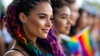 Young woman with vibrant rainbow-colored curly hair smiling at pride celebration, wearing black top, colorful makeup and turquoise earrings against blurred festive background.