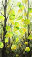 Watercolor autumn leaves falling from tree branches in soft green and yellow tones creating peaceful seasonal nature scene for wall art and home decor.