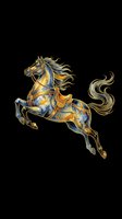 Ornate golden horse with flowing mane and tail, adorned in decorative blue and gold armor, isolated on transparent background. Ready for t-shirts, clipart, stickers, sublimation, and print-on-demand designs.