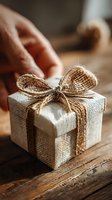 Hand placing small gift box wrapped in burlap fabric with rustic twine bow on wooden table, creating warm atmosphere for special occasion.