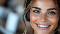 Young Caucasian female customer service representative wearing headset with bright smile and blue eyes in professional office environment. Perfect for business communication.