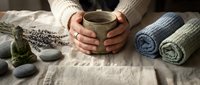 Woman hands holding ceramic mug with hot beverage surrounded by cozy knitted blankets, lavender sprigs and smooth stones creating peaceful hygiene atmosphere.