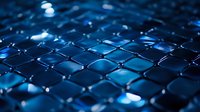 Blue metallic mesh network pattern with glowing nodes and connections for technology, cybersecurity, blockchain and digital communication concepts.