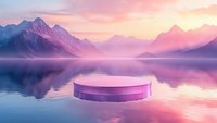 Minimalist round podium floating on calm lake water against majestic mountain landscape at sunset, purple and pink color palette creates dreamy atmosphere.