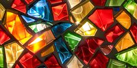 Vibrant stained glass mosaic pattern with colorful geometric shapes backlit creating a kaleidoscope effect perfect for religious, decorative or architectural design backgrounds.