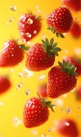 Fresh strawberries floating in air with water droplets against vibrant yellow background, creating dynamic food composition for advertising.