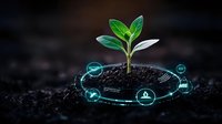 Young green seedling growing in soil with futuristic digital interface showing agricultural technology metrics for smart farming and crop monitoring.