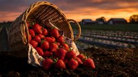 Fresh ripe strawberries spilling from wicker basket at sunset on farm field. Organic berry harvest concept for healthy eating and agriculture marketing.