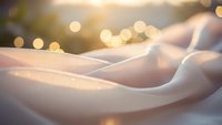 Soft flowing white fabric with warm golden bokeh lights creating dreamy atmosphere for luxury bedding and textile backgrounds.