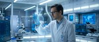 Male scientist in white lab coat examining holographic DNA double helix structure in modern laboratory with advanced equipment and blue lighting technology.