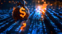 Digital dollar symbol on glowing binary code background with orange and blue light effects, representing financial technology and digital currency.