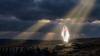 Glowing angelic figure in white and pink robes stands illuminated by divine light rays breaking through dark storm clouds above gathered crowd in desert landscape.