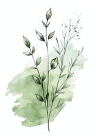 Delicate botanical line art with green leaves and stems on soft watercolor splash background in sage green tones, suitable for wall art and stationery design.