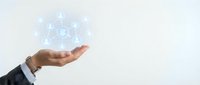 Businessman hand holding digital globe with connected network nodes and data icons, representing global communication and technology solutions.