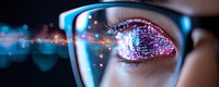 Close up view of eye wearing glasses reflecting digital holographic earth map with glowing network connections and data visualization elements. Futuristic technology concept.