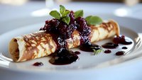 Delicate crepes filled and topped with sweet berry compote and fresh mint leaves served on white plate, elegant breakfast or dessert presentation with dark sauce drizzle.