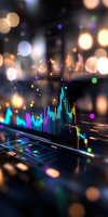 Financial data visualization with colorful stock market charts and graphs on dark background with bokeh light effects and glowing elements.
