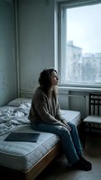 Young woman sitting on bed looking out window in cozy bedroom with natural light and urban view for lifestyle and mental health concepts.