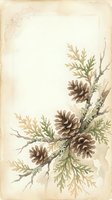 Vintage botanical frame with pine cones and evergreen branches on aged paper background for holiday greeting cards and winter seasonal designs.
