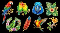 Colorful parrot and tropical bird collection isolated on transparent background. Features macaws, lovebirds, and feathered designs with foliage. Ready for t-shirts, clipart, stickers, and print-on-demand projects.