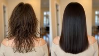 Woman showing hair transformation from frizzy damaged hair to smooth straight healthy hair in salon before and after comparison for beauty treatments.