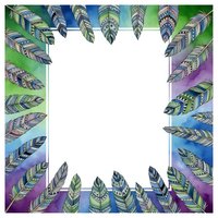 Ornate feather frame with intricate patterns in blue, green, and purple tones on white background. Isolated design element ready for invitations, posters, and creative projects.