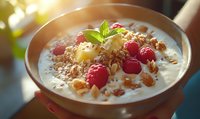 Fresh yogurt bowl with crunchy granola, sweet honey drizzle, ripe raspberries, diced pineapple and mint garnish in morning sunlight, perfect for healthy breakfast.