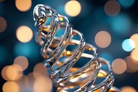 Shiny metallic spiral shape against blurred bokeh lights background in blue and gold tones, modern abstract macro photography for luxury design concepts.