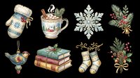 Cozy winter clipart set with mitten, hot cocoa mug, snowflake, books, socks, bird ornament, and botanicals, isolated on transparent background, ready for stickers and t-shirt design.