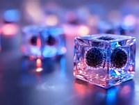Frozen virus particles encased in luminescent ice cubes with pink and blue neon lighting creating dramatic scientific atmosphere. Medical research concept.
