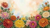 Vibrant autumn chrysanthemum flowers border frame with warm watercolor background for seasonal greeting cards and fall decorations.