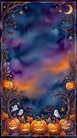 Spooky night sky with glowing jack-o-lanterns, hanging bats, ghosts, crescent moon and stars framed by ornate autumn foliage border. Watercolor style artwork for seasonal decorations and holiday designs.