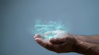 Hands holding glowing stress reduction hologram with brain and wellness icons for mental health therapy and mindfulness meditation concepts.