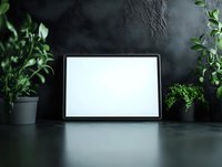 Blank digital tablet with white screen against dark textured wall, surrounded by green plants, creating modern minimalist workspace atmosphere.