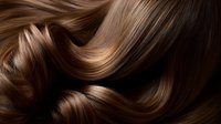 Luxurious flowing brown hair with smooth waves and highlights creating dynamic movement pattern. Close-up view showcasing healthy, shiny hair texture for beauty and salon advertising.