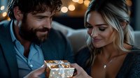 Romantic evening moment as bearded man presents gift box to blonde woman, both smiling with warm bokeh lights in background creating intimate atmosphere.