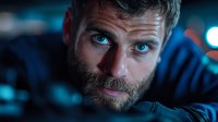 Dramatic close-up portrait of bearded man with intense blue eyes in dark moody lighting with blue highlights, showing contemplative expression against black background.