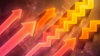 Rising arrows and golden staircase symbolizing business growth, success, and upward progress against cosmic background for presentations and marketing.