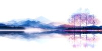 Tranquil winter landscape with bare trees reflecting in calm lake water against misty blue mountains, featuring soft purple and pink watercolor effects at sunrise.