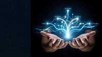 Hands holding glowing digital network with interconnected nodes and outcome labels, representing business strategy, data flow, and success pathways for corporate concepts.