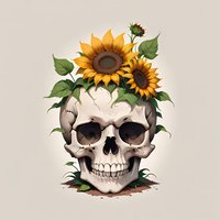 Artistic skull with blooming sunflowers growing from its crown, featuring vibrant yellow petals and green leaves against neutral background, gothic nature fusion.