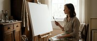 Young Asian woman artist painting on canvas in bright home studio with easel and art supplies creating artwork by window.
