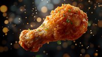Crispy fried chicken drumstick with golden crust floating in dark space with glowing bokeh lights and sparkles. Food photography for restaurant menus and advertising.